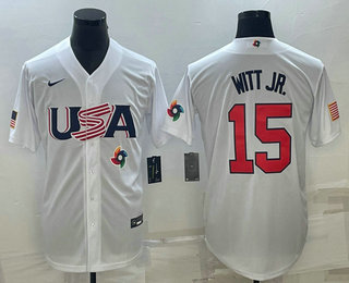 Men's USA Baseball #15 Bobby Witt Jr Number 2023 White World Baseball Classic Replica Stitched Jersey1,We sell and wholesale Men's USA Baseball #15 Bobby Witt Jr Number 2023 White World Baseball Classic Replica Stitched Jersey1 on line form chian!